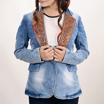 ADBZ702 Genuine leather Hand tooled hand carved Women 100% cotton Denim Blazer dress jacket ladies Girl